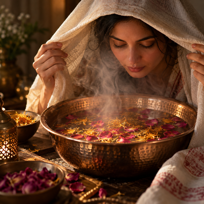 A woman enjoying a floral facial steam with rose petals and calendula in a warm copper basin, featuring the Nafas de Fleur botanical facial sauna blend.