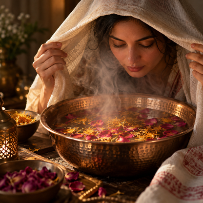 A woman enjoying a floral facial steam with rose petals and calendula in a warm copper basin, featuring the Nafas de Fleur botanical facial sauna blend.