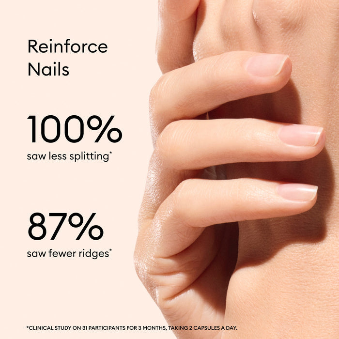 A close-up of a well-groomed hand with text: Nail Boost by Manucurist—100% saw less splitting, 87% saw fewer ridges. Results from clinical studies using this nail-strengthening supplement.