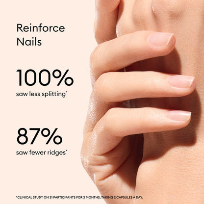 A close-up of a well-groomed hand with text: Nail Boost by Manucurist—100% saw less splitting, 87% saw fewer ridges. Results from clinical studies using this nail-strengthening supplement.
