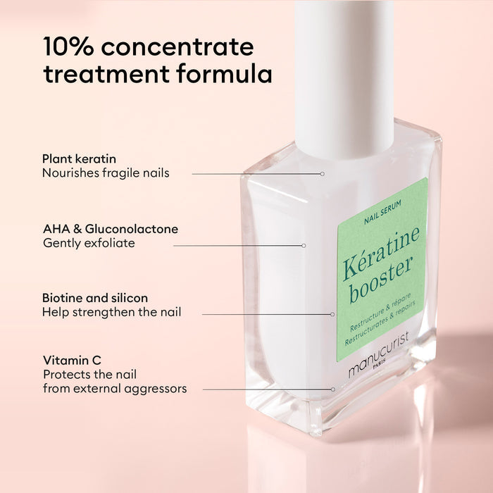 Manucurist Nail Strengthening Serum—a potent nail care treatment—contains plant keratin, AHA, gluconolactone, biotin, silicon, and vitamin C to nourish and protect damaged nails.