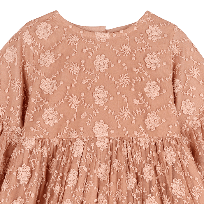 Natalie Embroidered Tutu Girl Dress - Dusty Rose (Organic Cotton) - Detail