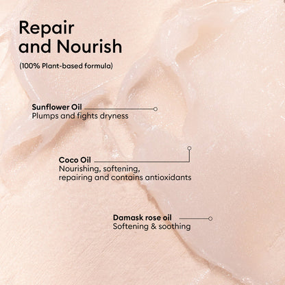 Header: Repair and Nourish. Natural Nourishing Balm - Cosmos Organic by Manucurist features a creamy, pale balm for lips or cuticles. Sunflower oil plumps and hydrates, coco oil provides antioxidants, and damask rose oil soothes and softens.