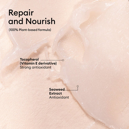 Close-up of Manucurist’s Natural Nourishing Balm - Cosmos Organic, a creamy, translucent formula. Callouts highlight Tocopherol and Seaweed Extract as antioxidants supporting cuticle care and lip repair. 100% plant-based.