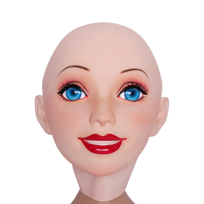 Pink latex female doll mask by InTheMask Molis, with gag and hood, featuring detailed facial features and adjustable fit.
