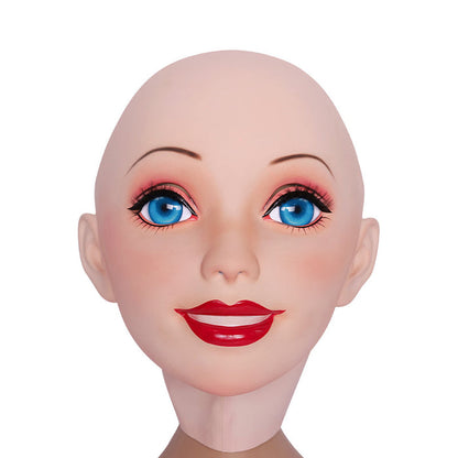 Pink latex female doll mask by InTheMask Molis, with gag and hood, featuring detailed facial features and adjustable fit.