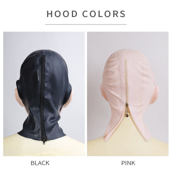 Pink latex doll mask by NEOGAN inTheMask, featuring gag and hood, designed by Molis, with detailed facial features and adjustable fit.