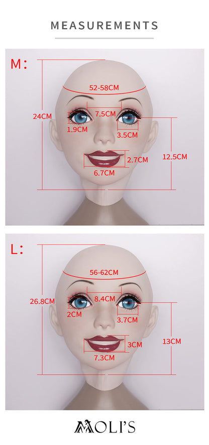 Pink latex doll mask by InTheMask with gag and hood, featuring detailed eye and mouth design, part of NEOGAN Queena collection.