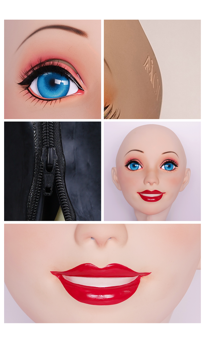 Pink latex female doll mask with gag and hood, by InTheMask Molis, featuring detailed design and adjustable fit, size 56-62cm.