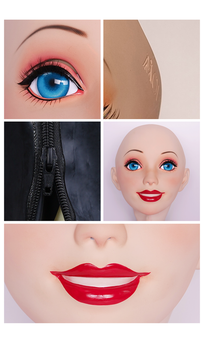 Pink latex female doll mask with gag and hood, by InTheMask Molis, featuring detailed design and adjustable fit, size 56-62cm.