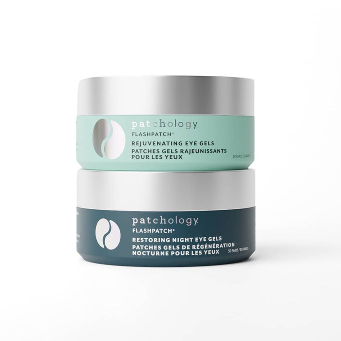 Two jars of Pathology Flashpatch eye gel stacked vertically on a clean white background. The top jar is labeled 'Rejuvenating Eye Gels' in a mint green color, and the bottom jar is labeled 'Restoring Night Eye Gels' in a dark teal color.