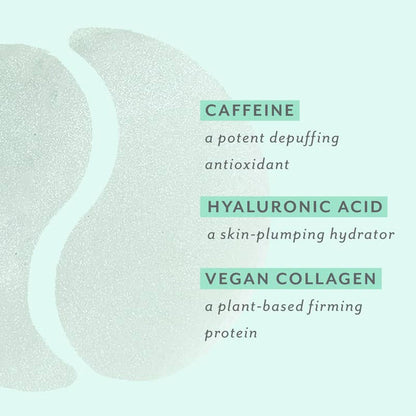 Mint eye gel patches beside key ingredients: caffeine, a depuffing antioxidant; hyaluronic acid, a plumping hydrator; vegan collagen, a firming protein