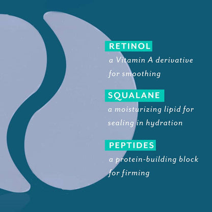 Eye gel patches on navy beside key ingredients: retinol, a smoothing vitamin A derivative; squalane, a hydrating lipid; peptides, for firming