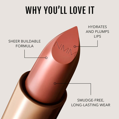 No Makeup Makeup – Peach 02 Creme Classic Lipstick with features highlighted, natural minimal makeup
