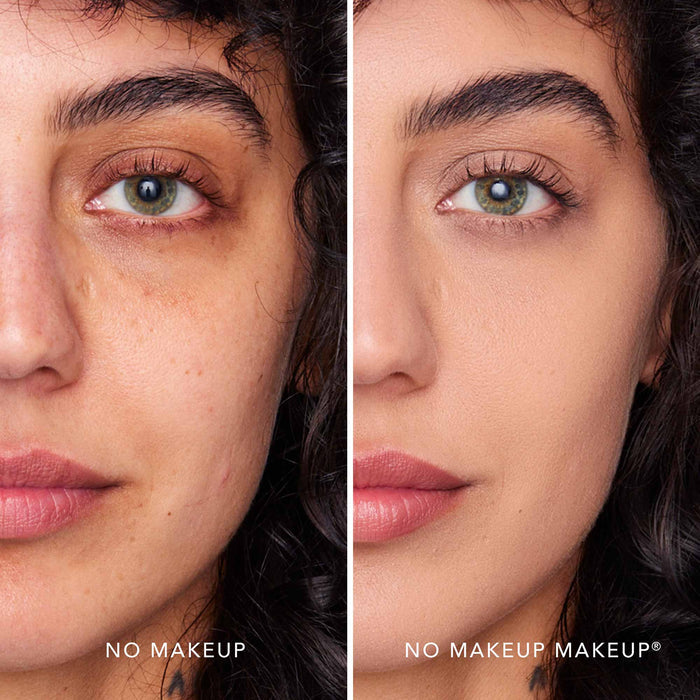 A split screen image of a woman before and after applying FlexShade Foundation by No Makeup Makeup in Almond