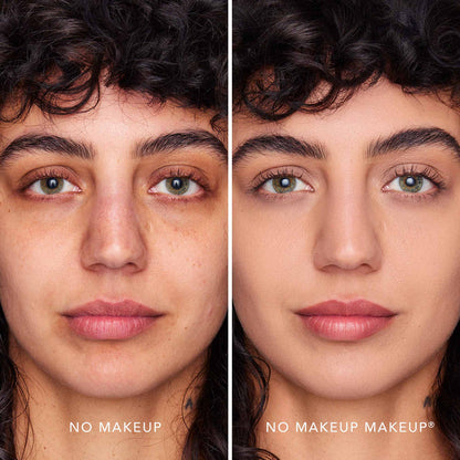 An image of a woman before and after applying FlexShade Foundation by No Makeup Makeup in Almond