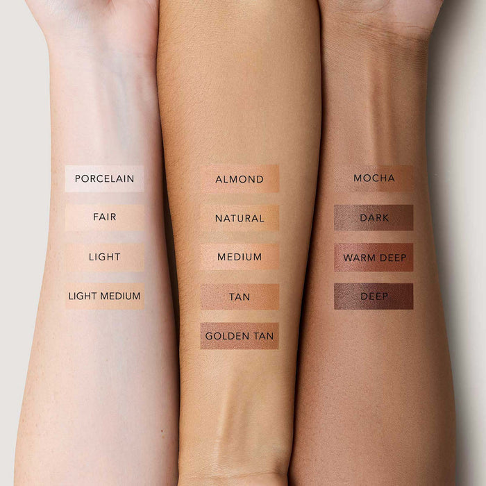 Three arms featuring swatches of FlexShade Foundation by No Makeup Makeups in light, medium, and dark shades