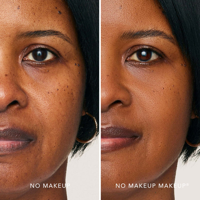 A split screen image of a woman before and after applying FlexShade Foundation by No Makeup Makeup in Dark