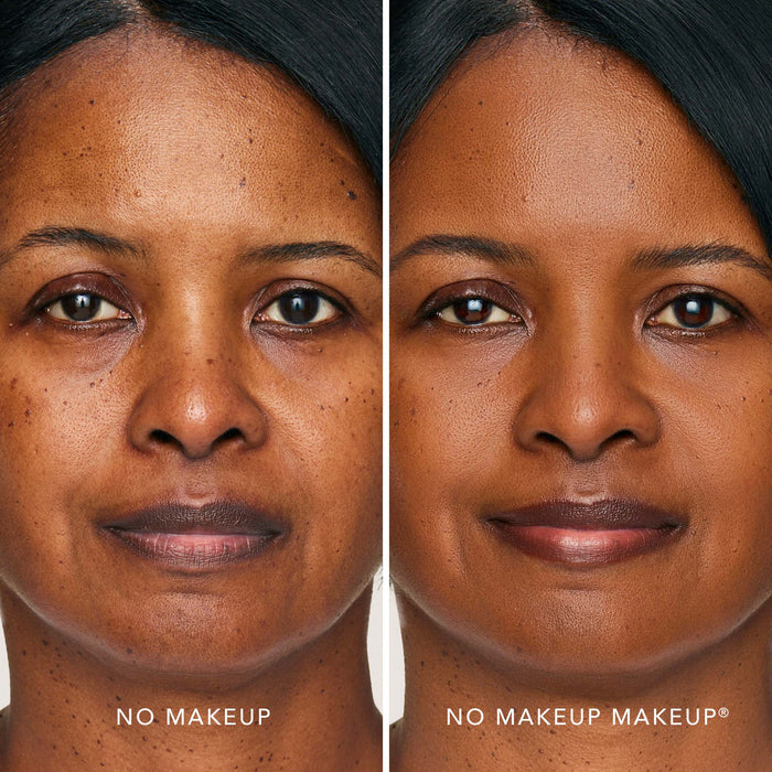An image of a woman before and after applying FlexShade Foundation by No Makeup Makeup in Dark
