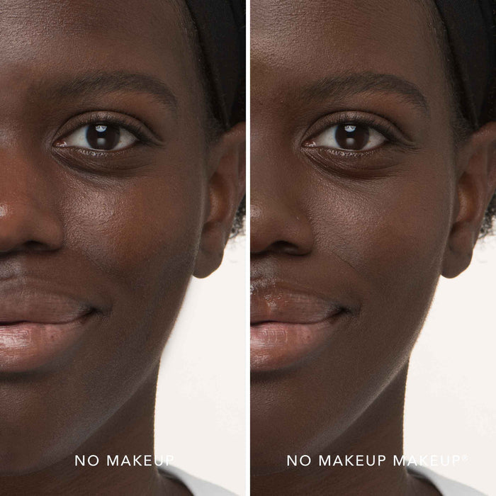 A split screen image of a woman before and after applying FlexShade Foundation by No Makeup Makeup in Deep