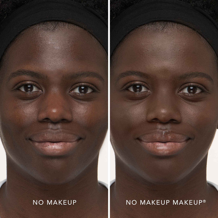 An image of a woman before and after applying FlexShade Foundation by No Makeup Makeup in Deep