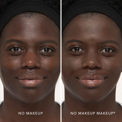 An image of a woman before and after applying FlexShade Foundation by No Makeup Makeup in Deep