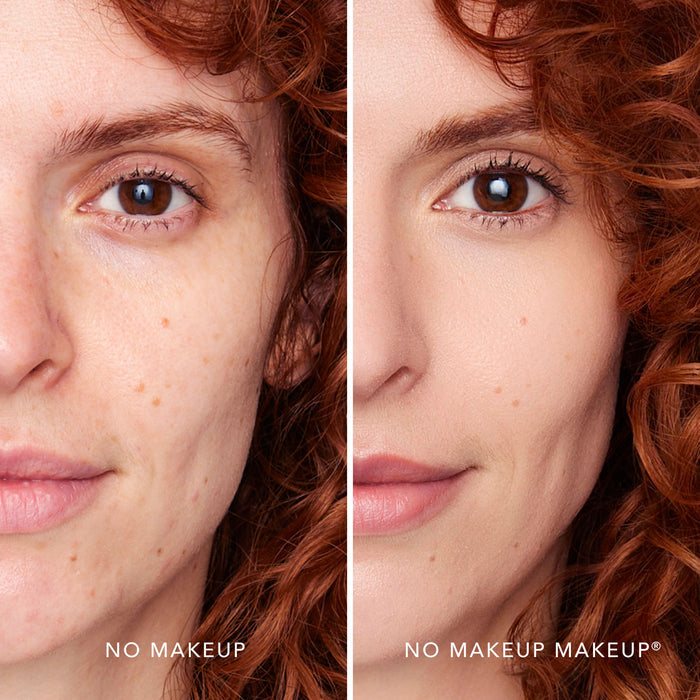 A split screen image of a woman before and after applying FlexShade Foundation by No Makeup Makeup in Fair