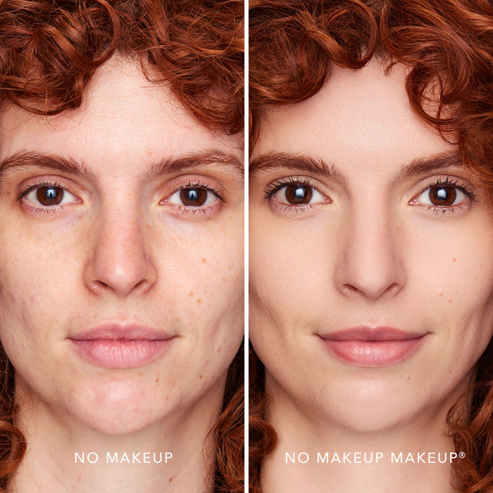 An image of a woman before and after applying FlexShade Foundation by No Makeup Makeup in Fair