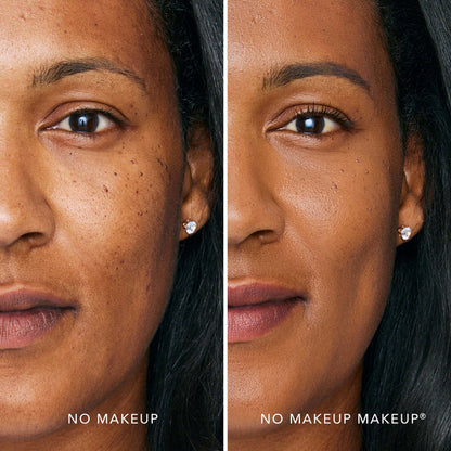 A split screen image of a woman before and after applying FlexShade Foundation by No Makeup Makeup in Golden Tan