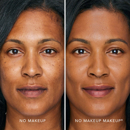 An image of a woman before and after applying FlexShade Foundation by No Makeup Makeup in Golden Tan
