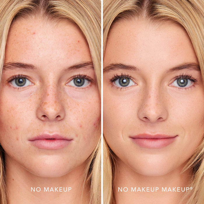 An image of a woman before and after applying FlexShade Foundation by No Makeup Makeup in Fair