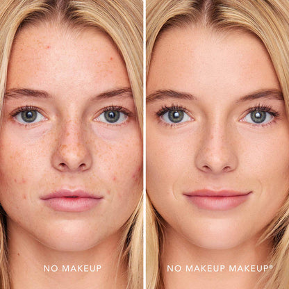 An image of a woman before and after applying FlexShade Foundation by No Makeup Makeup in Fair