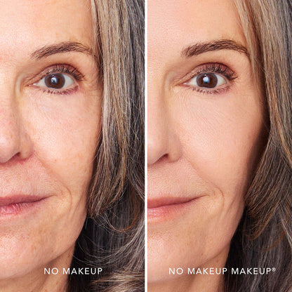A split screen image of a woman before and after applying FlexShade Foundation by No Makeup Makeup in Fair