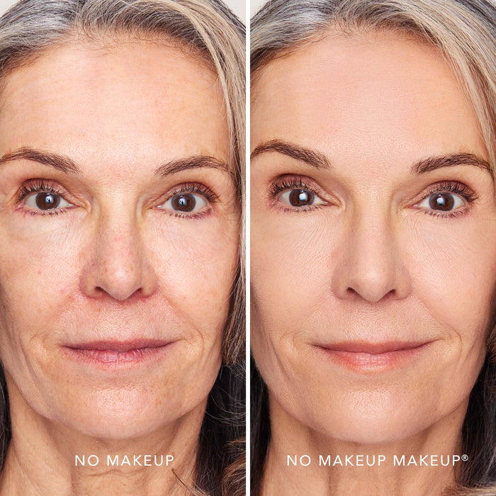 An image of a woman before and after applying FlexShade Foundation by No Makeup Makeup in Fair