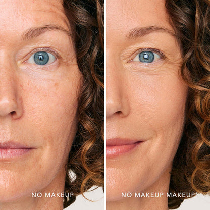 A split screen image of a woman before and after applying FlexShade Foundation by No Makeup Makeup in Medium