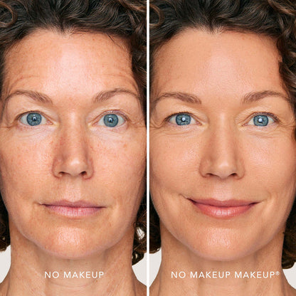 An image of a woman before and after applying FlexShade Foundation by No Makeup Makeup in Medium