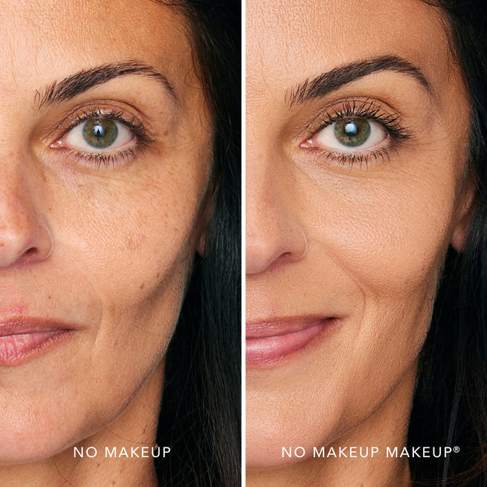A split screen image of a woman before and after applying FlexShade Foundation by No Makeup Makeup in Medium