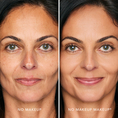 An image of a woman before and after applying FlexShade Foundation by No Makeup Makeup in Medium