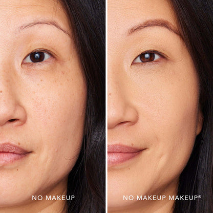 A split screen image of a woman before and after applying FlexShade Foundation by No Makeup Makeup in Natural