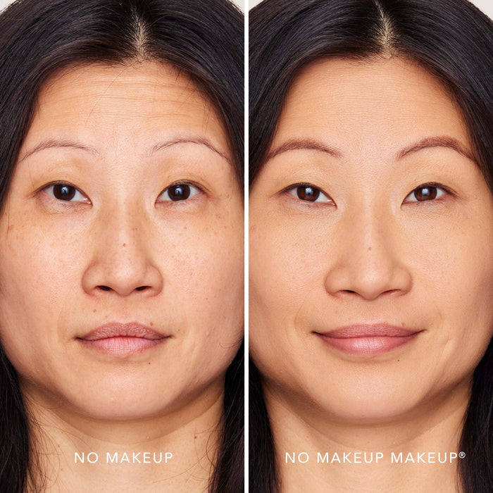 An image of a woman before and after applying FlexShade Foundation by No Makeup Makeup in Natural