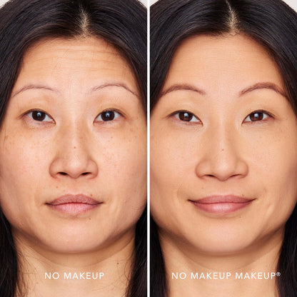 An image of a woman before and after applying FlexShade Foundation by No Makeup Makeup in Natural
