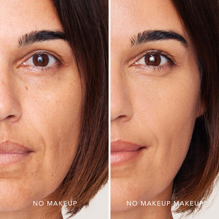A split screen image of a woman before and after applying FlexShade Foundation by No Makeup Makeup in Natural