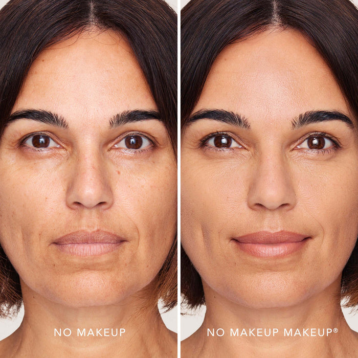An image of a woman before and after applying FlexShade Foundation by No Makeup Makeup in Natural