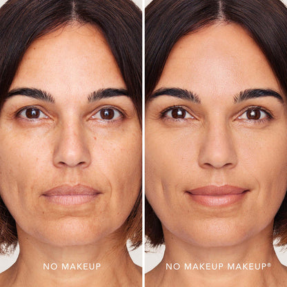 An image of a woman before and after applying FlexShade Foundation by No Makeup Makeup in Natural
