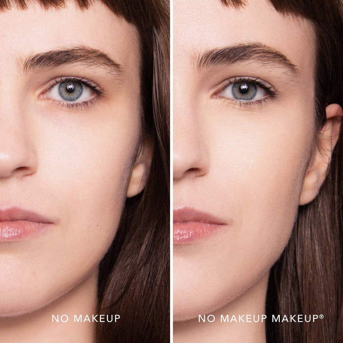 A split screen image of a woman before and after applying FlexShade Foundation by No Makeup Makeup in Porcelain