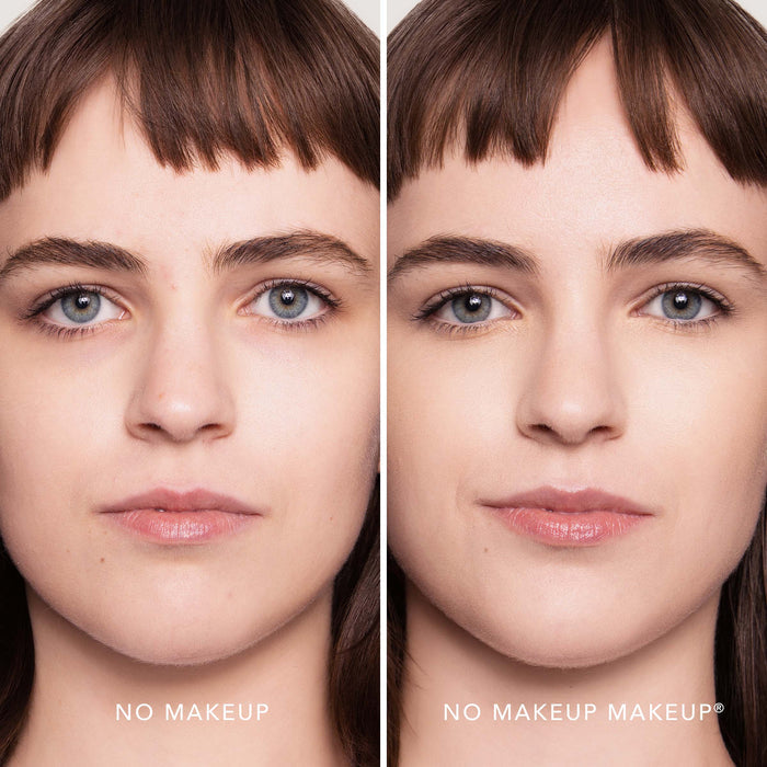 An image of a woman before and after applying FlexShade Foundation by No Makeup Makeup in Porcelain