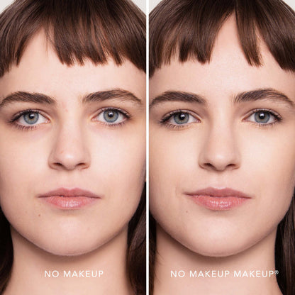 An image of a woman before and after applying FlexShade Foundation by No Makeup Makeup in Porcelain