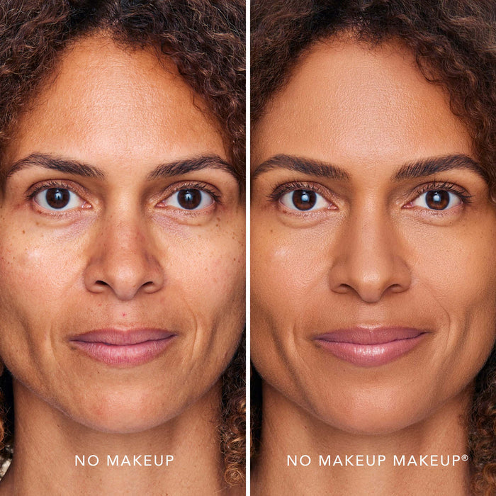 An image of a woman before and after applying FlexShade Foundation by No Makeup Makeup in Tan