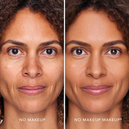 An image of a woman before and after applying FlexShade Foundation by No Makeup Makeup in Tan