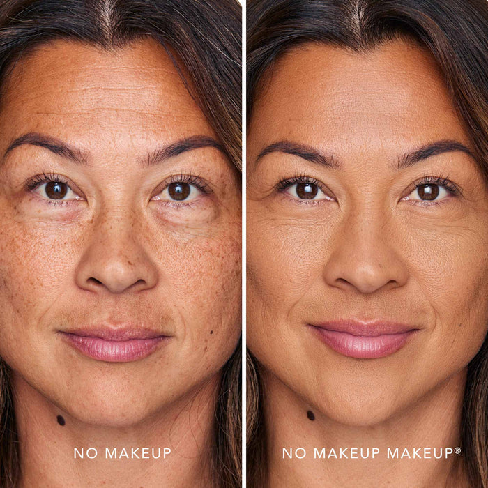 An image of a woman before and after applying FlexShade Foundation by No Makeup Makeup in Tan